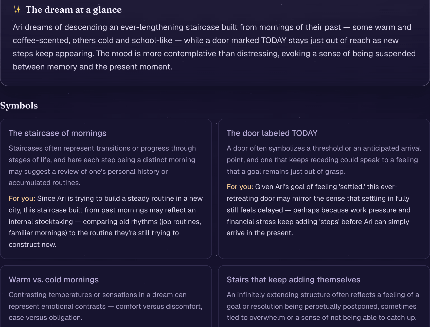 A Wakelore reading of a dream about a staircase made of mornings, showing the summary, four interpreted symbols with personal relevance, emotional threads, and reflection questions.